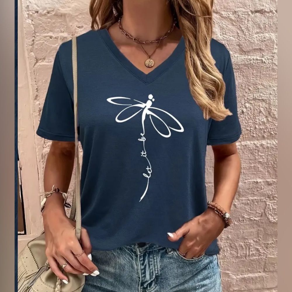 NWOT blue v-neck dragon fly t- shirt Xl